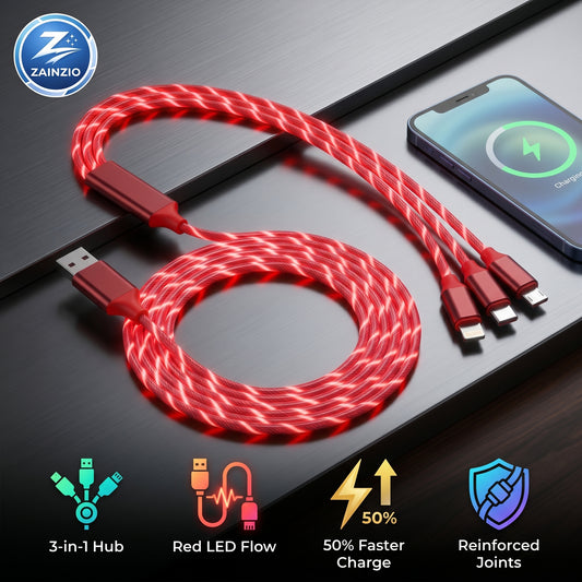 A red LED flow 3-in-1 charging cable is coiled, with one end plugged into a phone. Features highlighted: ZAINZIO, 3-in-1 Hub, Red LED Flow, 50% Faster Charge, Reinforced Joints.