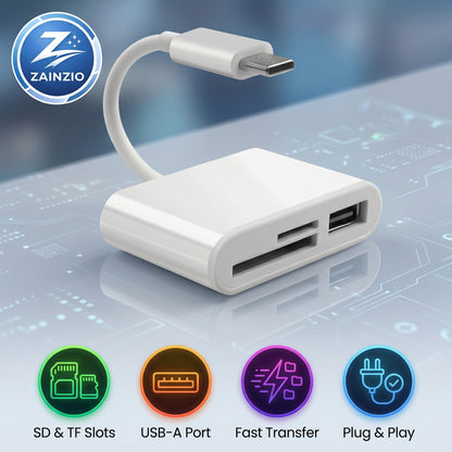 A white Zainzio USB-C hub adapter features SD & TF Slots, a USB-A Port, Fast Transfer, and Plug & Play capabilities, highlighted by icons.