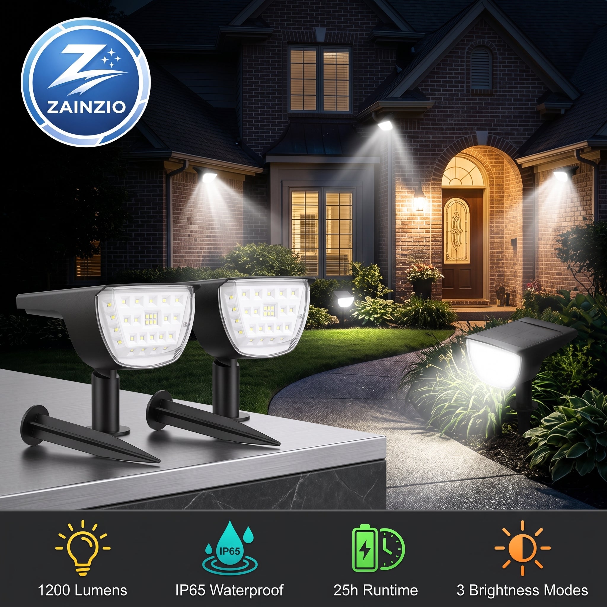 Two black solar-powered outdoor light fixtures displayed in front of a house at night, with one fixture mounted on a stone ledge and the other shown in use on a garden path. The image includes a ZAINZIO brand logo in the top left and feature icons at the bottom indicating 1200 lumens, IP65 waterproof, 25h runtime, and 3 brightness modes.