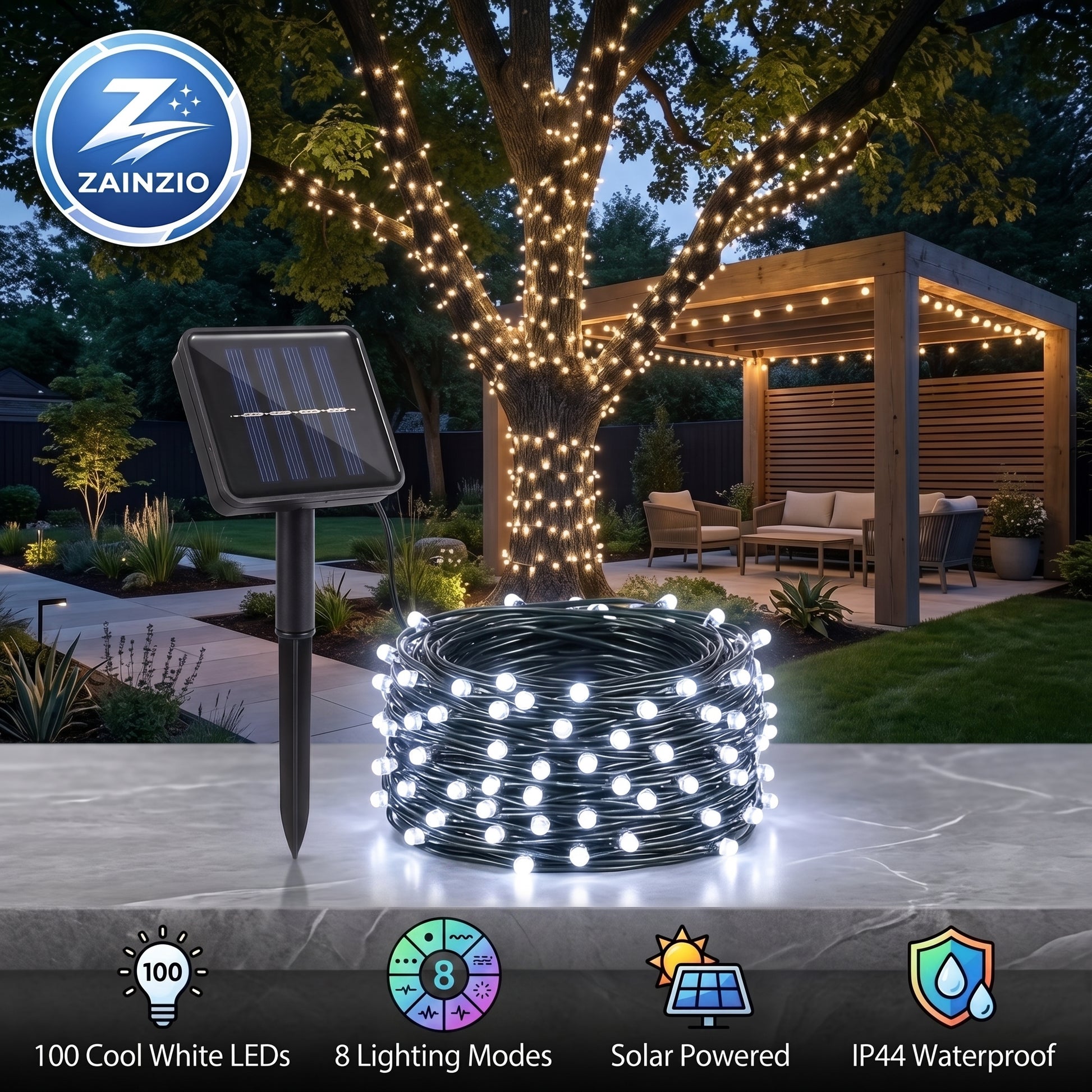 Solar-powered string lights shown in a real backyard setting with a tree wrapped in warm white lights, a coiled roll of black string lights in the foreground, a solar panel stake, and a patio pergola in the background. A ZAINZIO logo appears in the top left, and feature icons along the bottom.