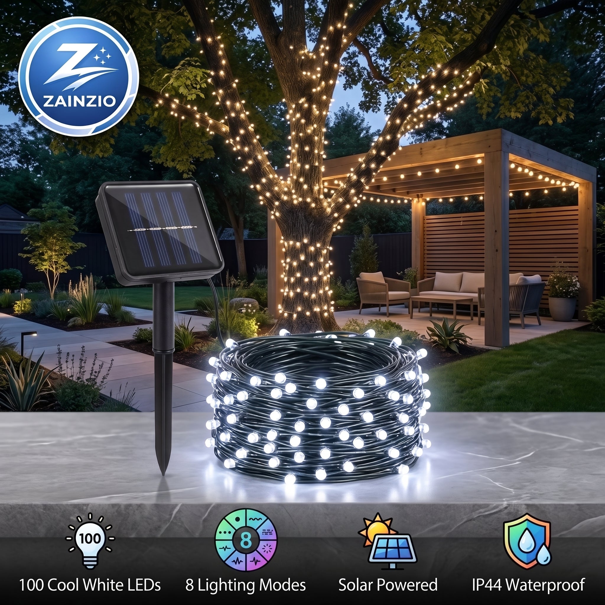 Solar-powered string lights shown in a real backyard setting with a tree wrapped in warm white lights, a coiled roll of black string lights in the foreground, a solar panel stake, and a patio pergola in the background. A ZAINZIO logo appears in the top left, and feature icons along the bottom.
