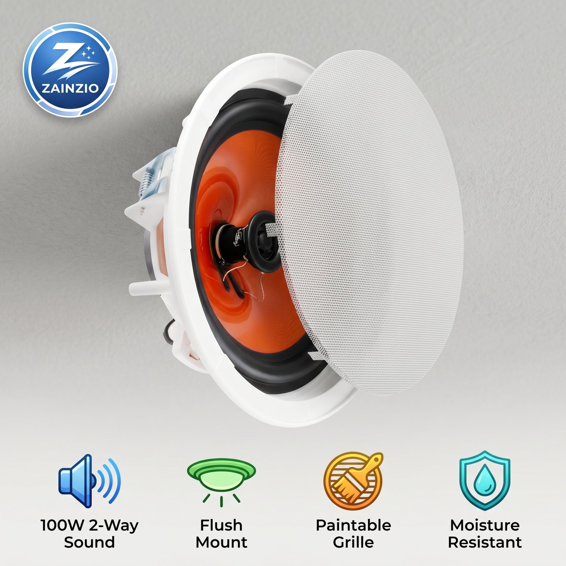 A Zainzio in-ceiling speaker with its white mesh grille partially removed, revealing an orange cone. Icons highlight: 100W 2-Way Sound, Flush Mount, Paintable Grille, Moisture Resistant.