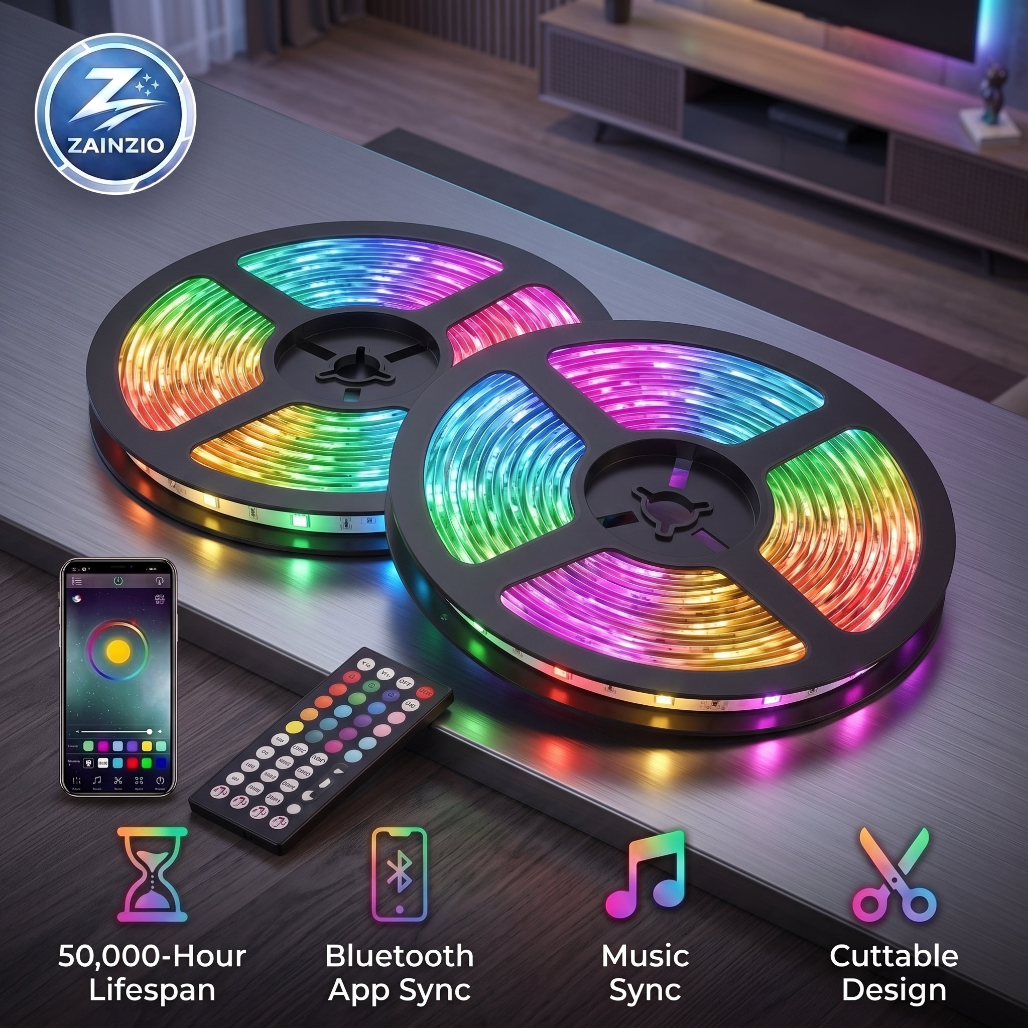 Two spools of Zainzio RGB LED strip lights glowing in rainbow colors, displayed with a phone showing app controls and a remote. Icons note: 50,000-Hour Lifespan, Bluetooth App Sync, Music Sync, Cuttable Design.