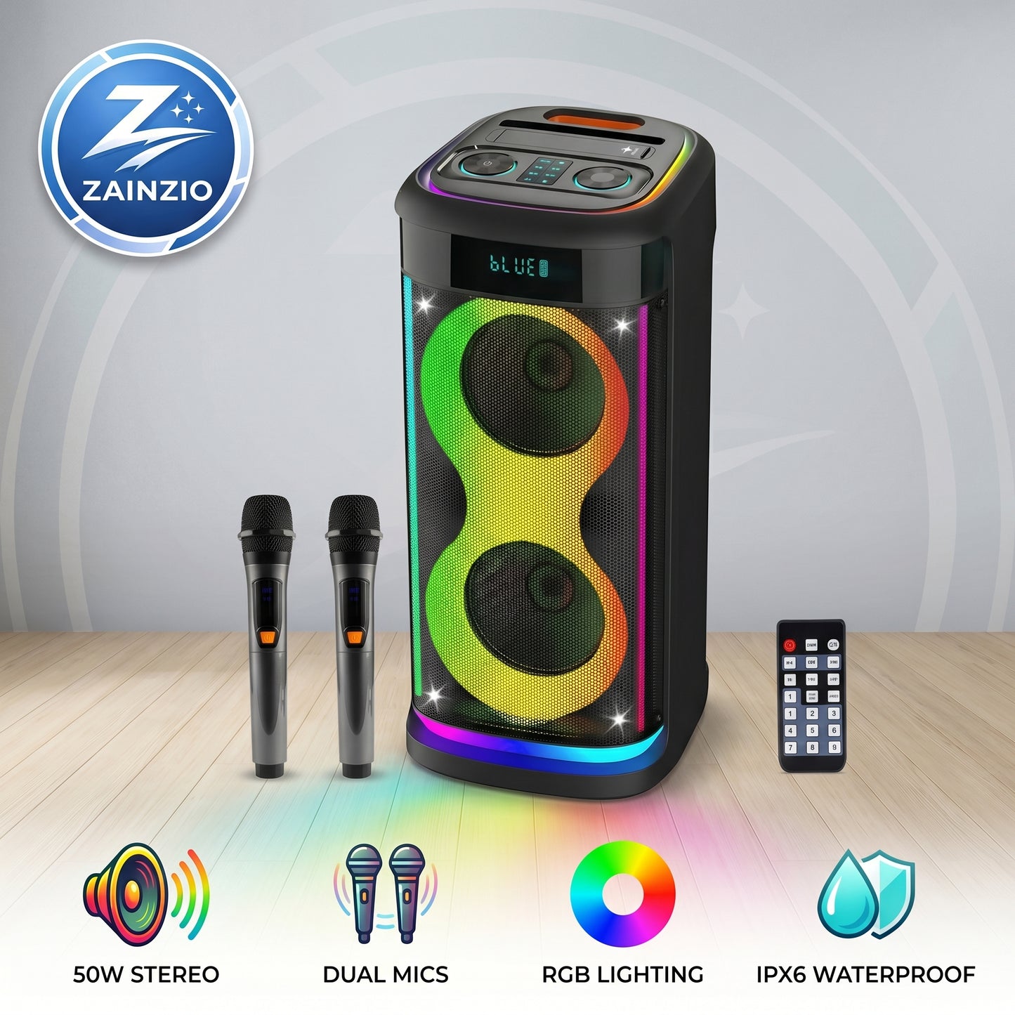 The Zainzio party speaker, displaying "BLUE" and vibrant RGB lights, is shown with two microphones and a remote. Text highlights 50W STEREO, DUAL MICS, RGB LIGHTING, and IPX6 WATERPROOF.