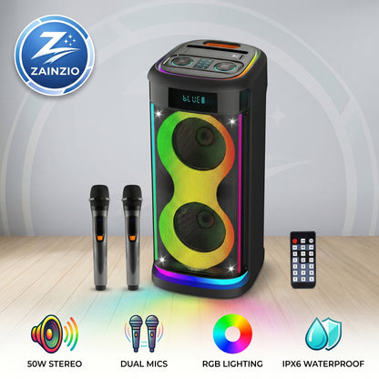 The Zainzio party speaker, displaying "BLUE" and vibrant RGB lights, is shown with two microphones and a remote. Text highlights 50W STEREO, DUAL MICS, RGB LIGHTING, and IPX6 WATERPROOF.