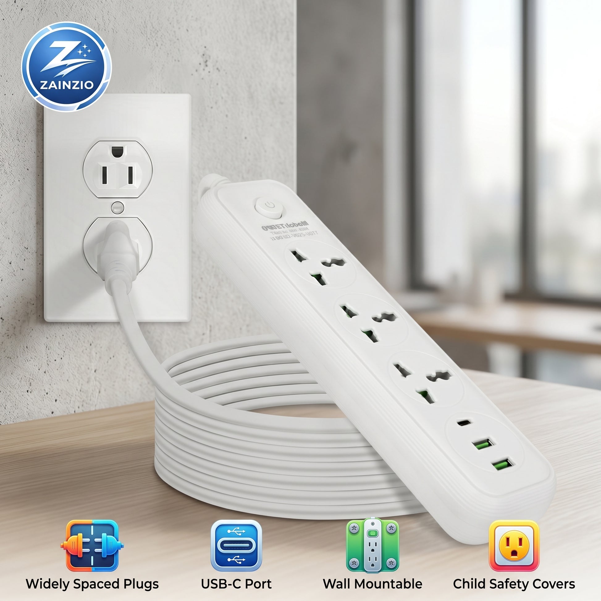 A white Zainzio power strip with a coiled 6ft cord extends from a wall outlet onto a wooden surface, highlighting its universal outlets and USB-C ports. Text: Widely Spaced Plugs, USB-C Port, Wall Mountable, Child Safety Covers.