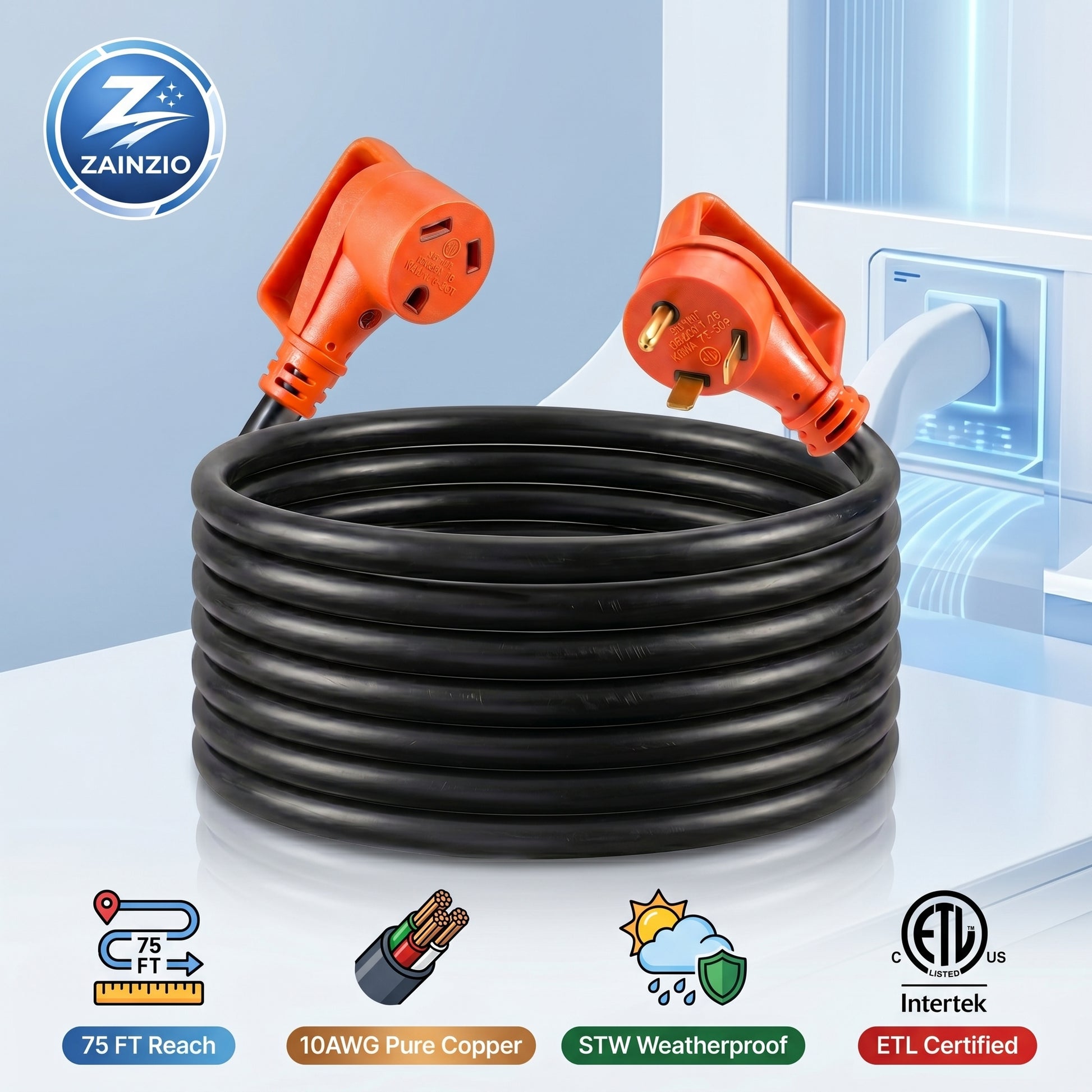 A coiled ZAINZIO 75FT RV extension cord with orange angled plugs is shown against an interior background. Icons highlight 10AWG Pure Copper, STW Weatherproof, and ETL Certified by Intertek.