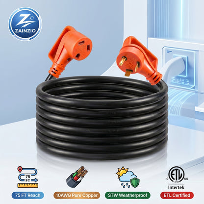 A coiled ZAINZIO 75FT RV extension cord with orange angled plugs is shown against an interior background. Icons highlight 10AWG Pure Copper, STW Weatherproof, and ETL Certified by Intertek.