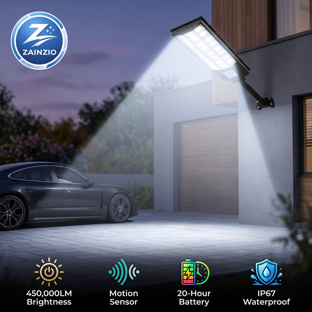A solar street light illuminates a driveway and black car at dusk, highlighting product features: ZAINZIO logo, 450,000LM Brightness, Motion Sensor, 20-Hour Battery, and IP67 Waterproof.