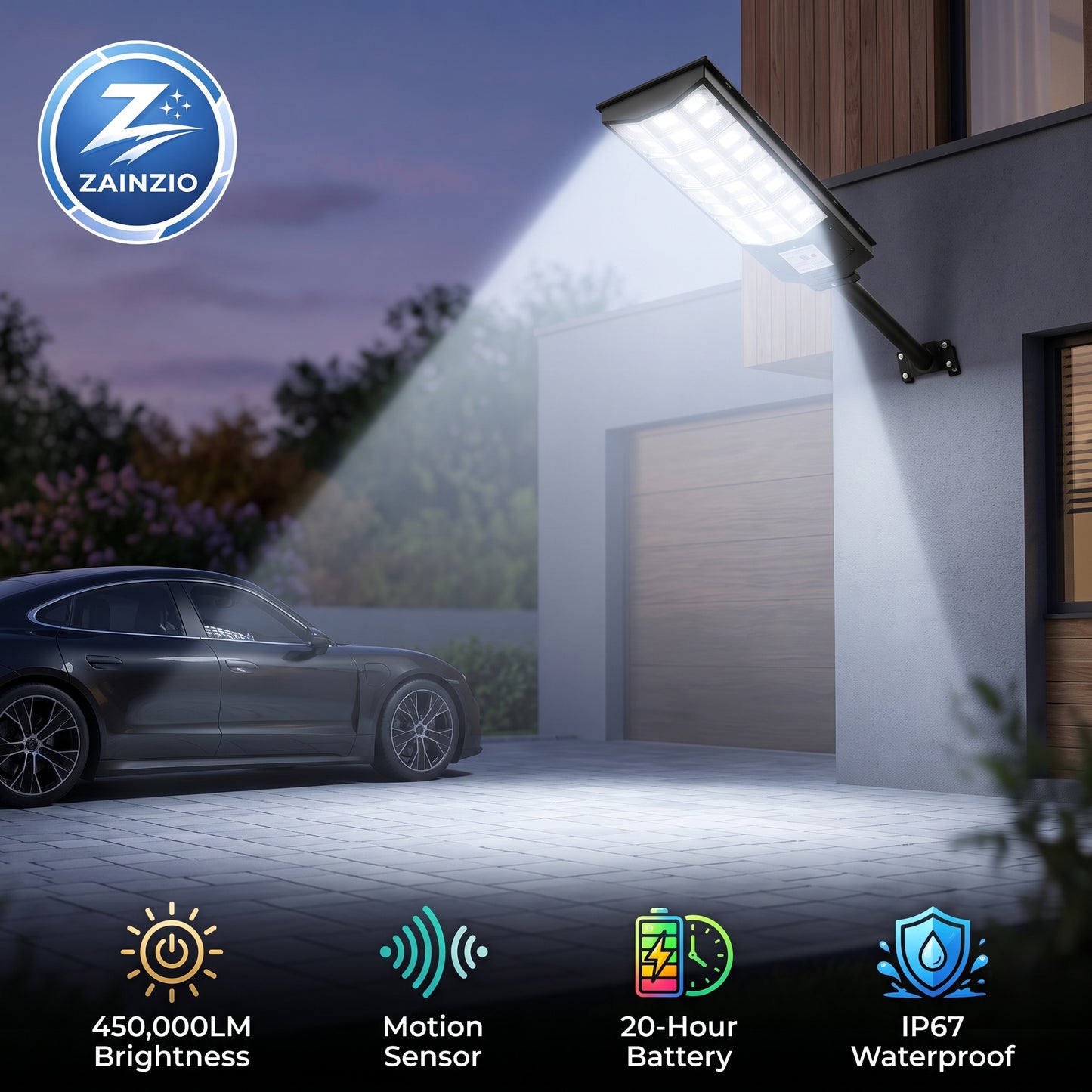 A solar street light illuminates a driveway and black car at dusk, highlighting product features: ZAINZIO logo, 450,000LM Brightness, Motion Sensor, 20-Hour Battery, and IP67 Waterproof.