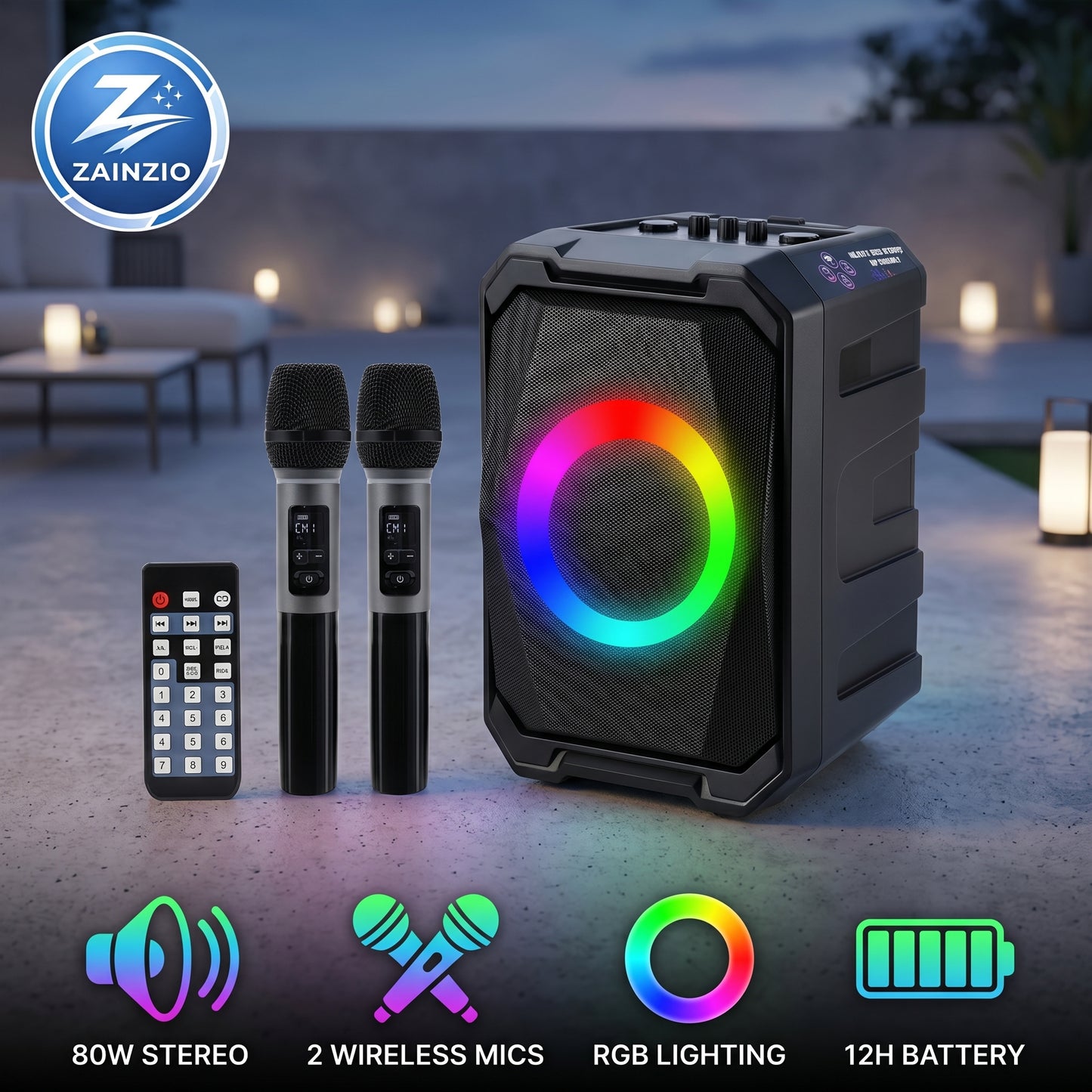 The Zainzio 80W Portable Party Speaker, with two wireless mics and a remote, glows with RGB lighting on an outdoor patio. Features listed: 80W STEREO, 2 WIRELESS MICS, RGB LIGHTING, 12H BATTERY.