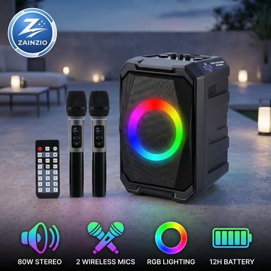 The Zainzio 80W Portable Party Speaker, with two wireless mics and a remote, glows with RGB lighting on an outdoor patio. Features listed: 80W STEREO, 2 WIRELESS MICS, RGB LIGHTING, 12H BATTERY.