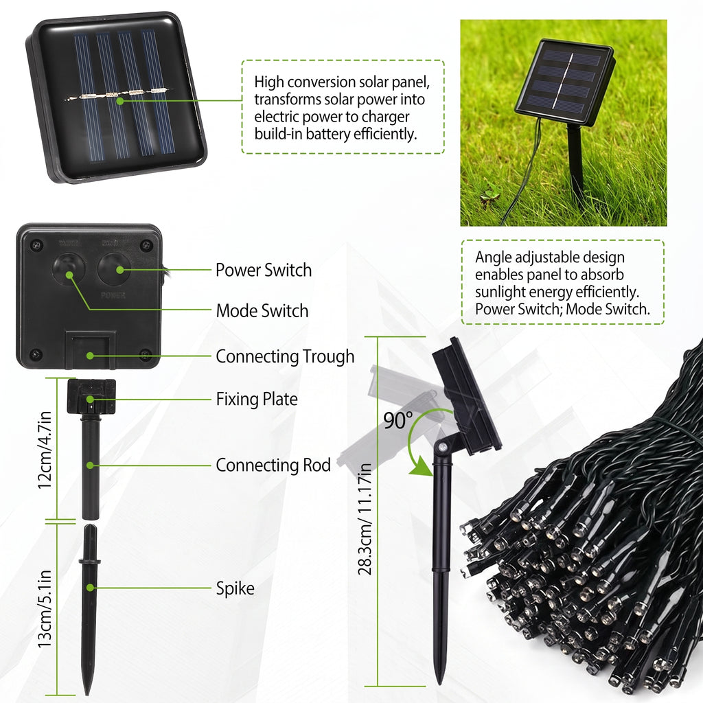 Solar garden light kit with a black rectangular solar panel, stake, connecting rod, and wiring, shown with labeled parts, feature callouts, and a small outdoor usage photo on grass.