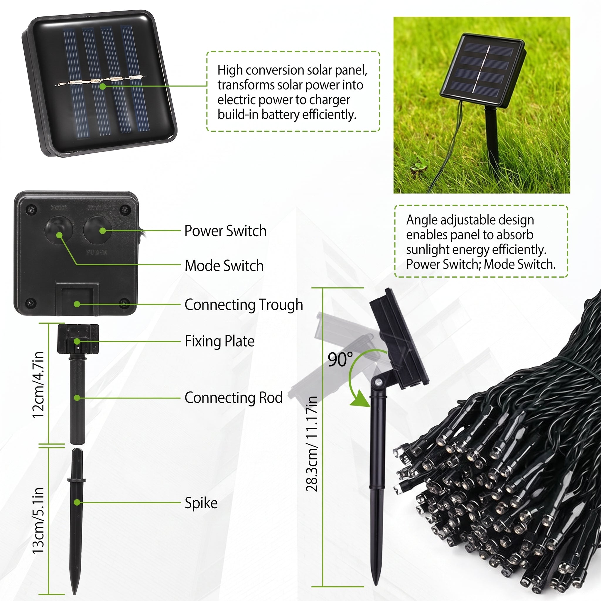 Solar garden light kit with a black rectangular solar panel, stake, connecting rod, and wiring, shown with labeled parts, feature callouts, and a small outdoor usage photo on grass.
