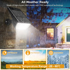 Outdoor wall-mounted solar light fixture shown in a rainstorm next to a house, with text reading 'All Weather Ready' and three feature panels for IP65 waterproof, heat resistant, and frost resistant performance.