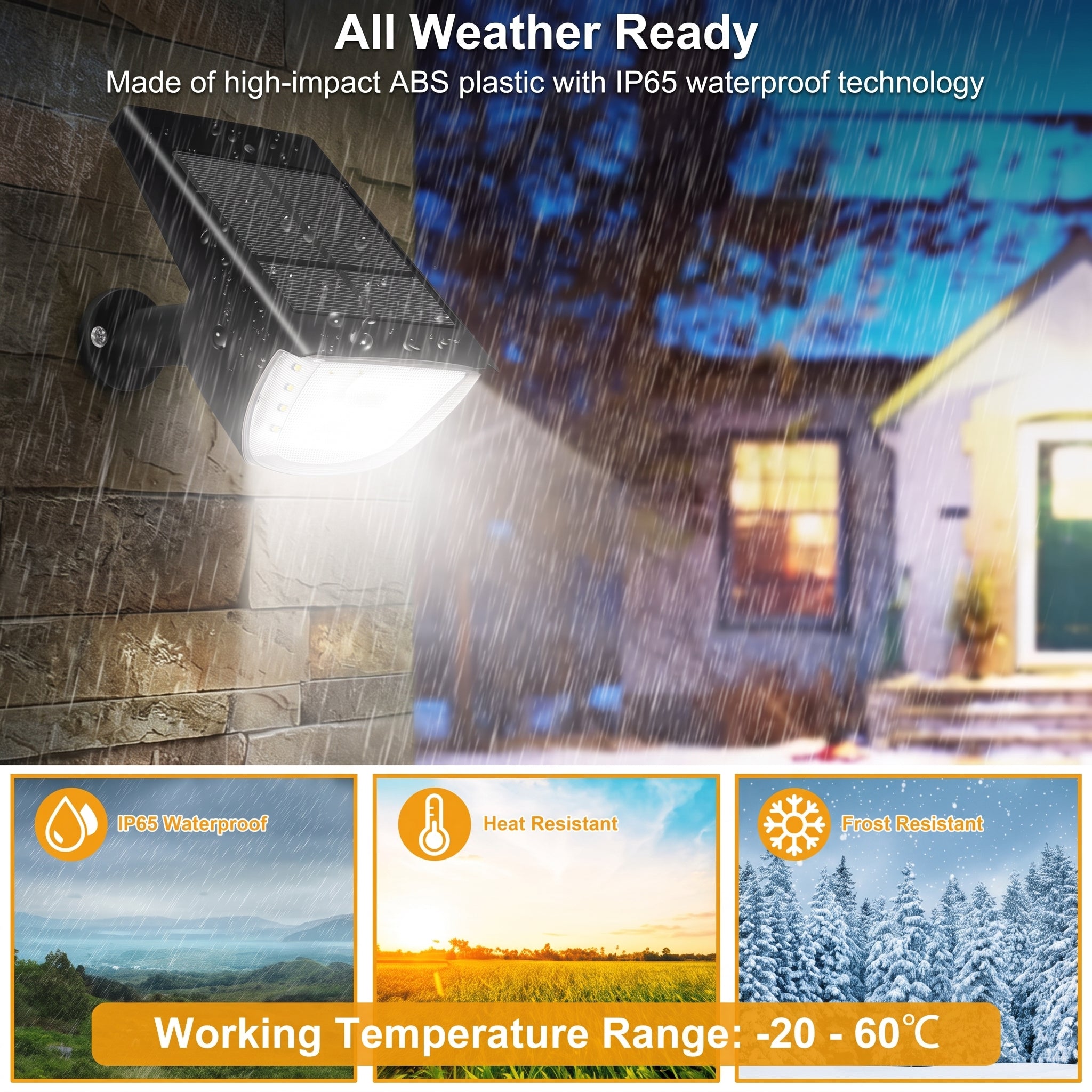 Outdoor wall-mounted solar light fixture shown in a rainstorm next to a house, with text reading 'All Weather Ready' and three feature panels for IP65 waterproof, heat resistant, and frost resistant performance.