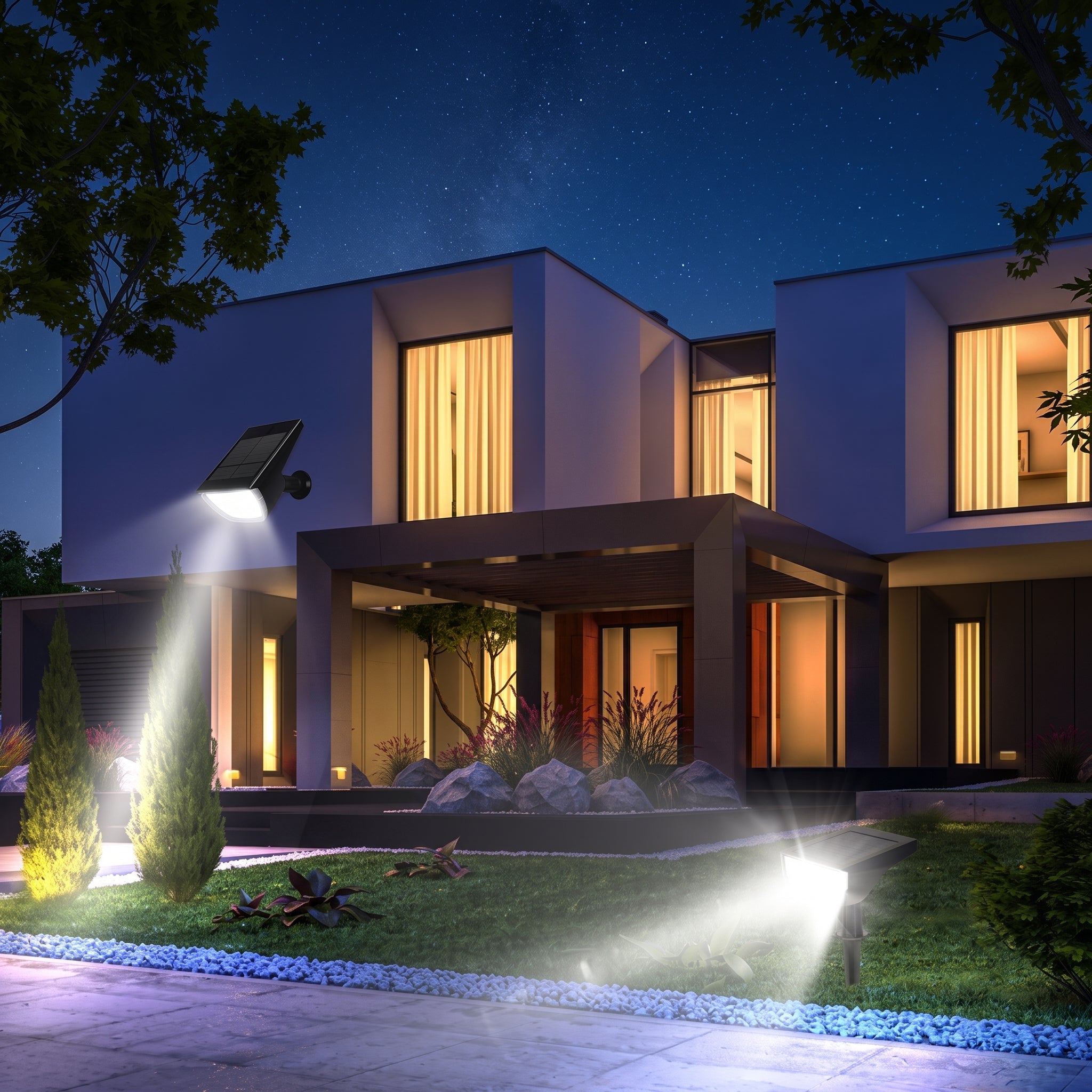 Modern two-story house at night with warm glowing windows and landscaped lawn, plus two bright outdoor ground lights casting beams across the yard and driveway.