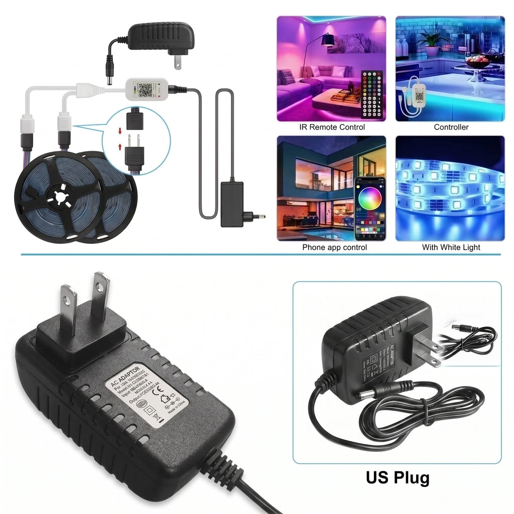 This image features Zainzio RGB LED strip light components: two rolls, power adapter (AC ADAPTOR, US Plug), and controller. It highlights features like IR remote, phone app, and white light control.