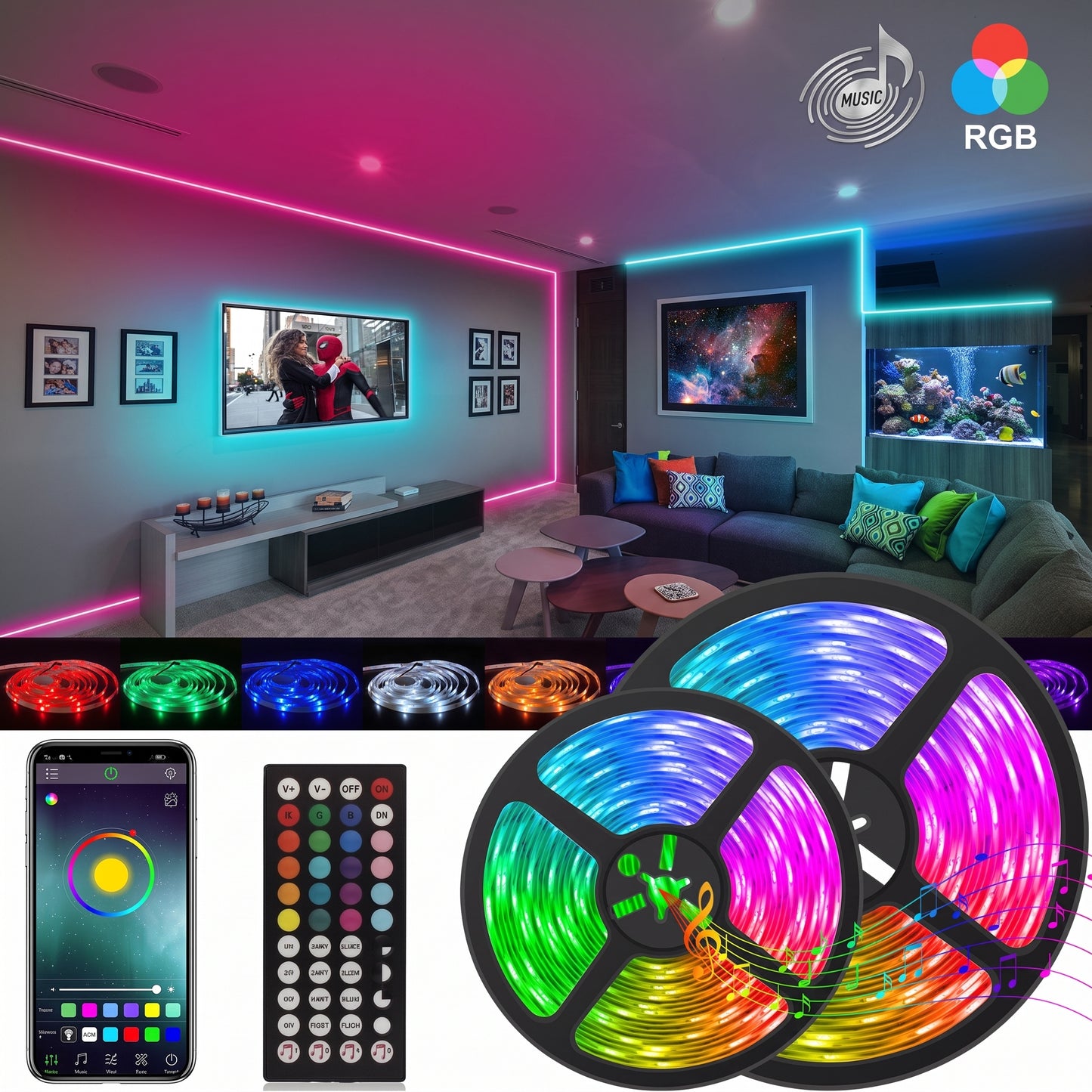 Vibrant RGB LED strip lights adorn a modern room and are shown with app and remote controls. Coiled lights display multiple colors. Text: MUSIC, RGB.