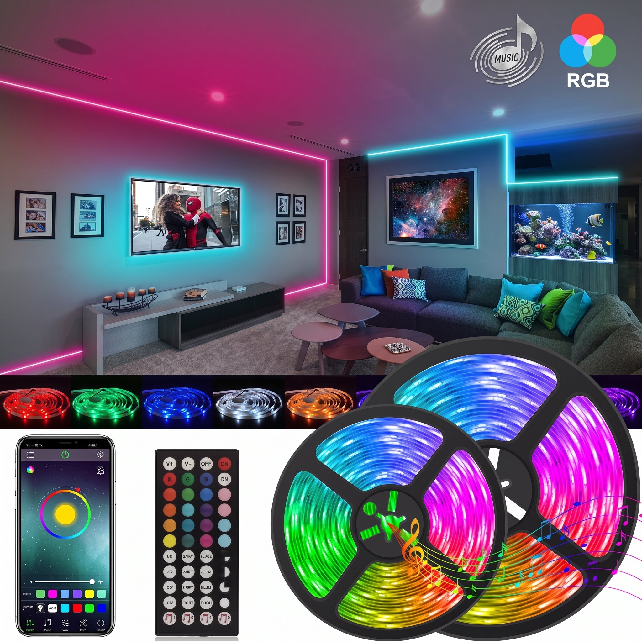 Vibrant RGB LED strip lights adorn a modern room and are shown with app and remote controls. Coiled lights display multiple colors. Text: MUSIC, RGB.
