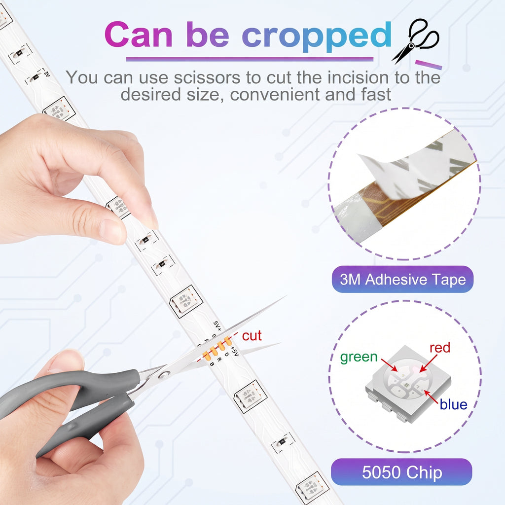 Can be cropped. This image shows cutting the LED strip, highlighting its '3M Adhesive Tape' and '5050 Chip' with 'red,' 'green,' and 'blue' elements for easy customization.