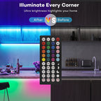 Illuminate Every Corner. Ultra brightness highlights your home. After VS Before. A kitchen split, showing vibrant LED lighting on the left and dim lighting on the right, with a remote overlay.