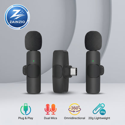 A ZAINZIO product image displays black wireless microphones from multiple angles, highlighting features: Plug & Play, Dual Mics, Omnidirectional, and 20g Lightweight.