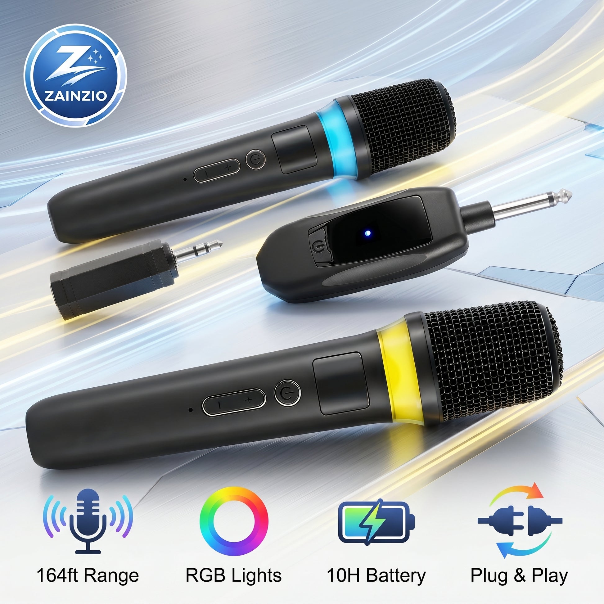 Two Zainzio wireless microphones with blue and yellow lights, a receiver, and adapter. Highlighting features: 164ft Range, RGB Lights, 10H Battery, Plug & Play. ZAINZIO.