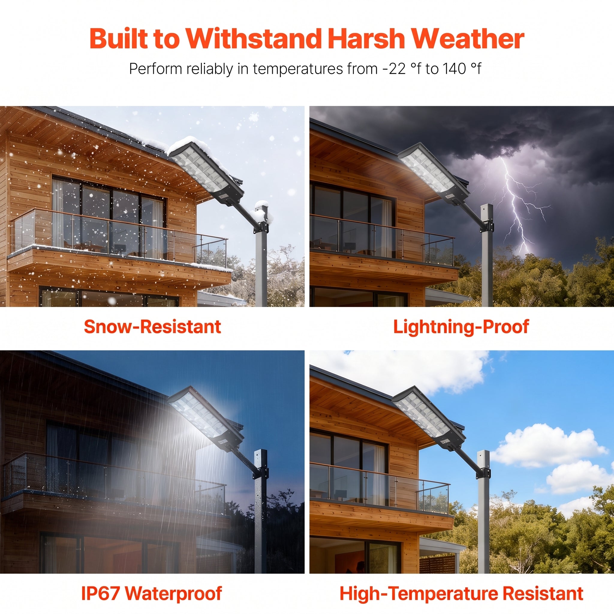 This graphic showcases the solar street light's durability in various conditions: Built to Withstand Harsh Weather. Perform reliably in temperatures from -22 °f to 140 °f. Snow-Resistant, Lightning-Proof, IP67 Waterproof, High-Temperature Resistant.