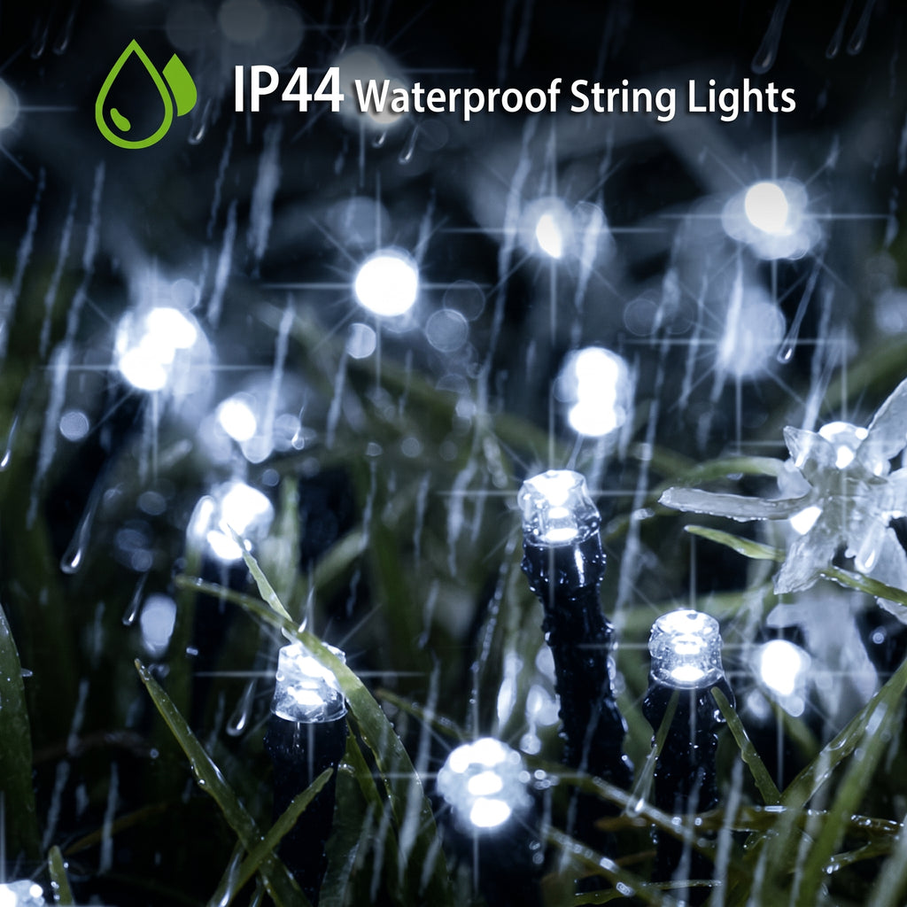 IP44 waterproof string lights glowing on a dark background with raindrops and blurred lights, with text reading 'IP44 Waterproof String Lights' and a green water drop icon.
