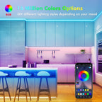 A kitchen is illuminated by colorful LED strip lighting under cabinets and a breakfast bar, with a smartphone displaying a color picker app for control. Text: 16 Million Colors Options, RGB, DIY different lighting styles depending on your mood.