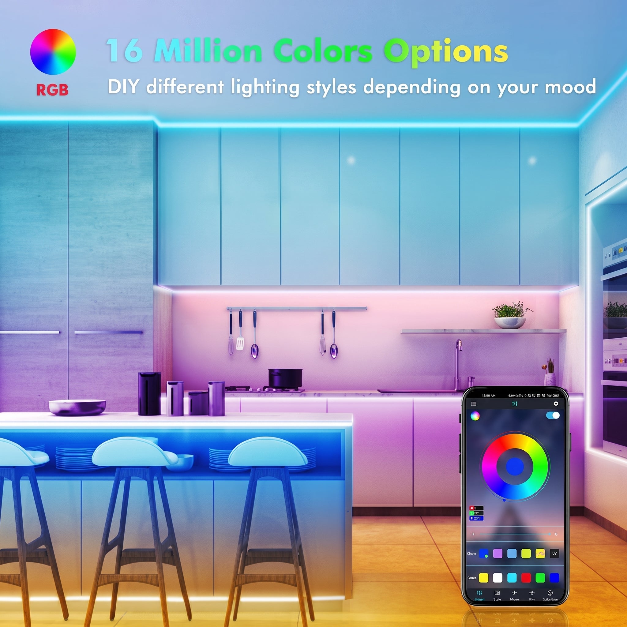 A kitchen is illuminated by colorful LED strip lighting under cabinets and a breakfast bar, with a smartphone displaying a color picker app for control. Text: 16 Million Colors Options, RGB, DIY different lighting styles depending on your mood.