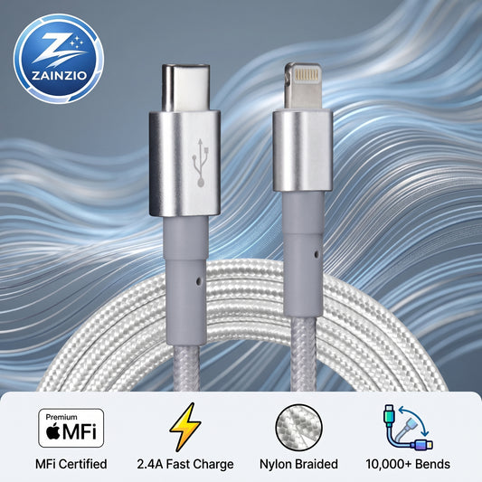 A ZAINZIO silver nylon braided USB-C to Lightning cable is displayed. Features: MFi Certified, 2.4A Fast Charge, Nylon Braided, 10,000+ Bends.