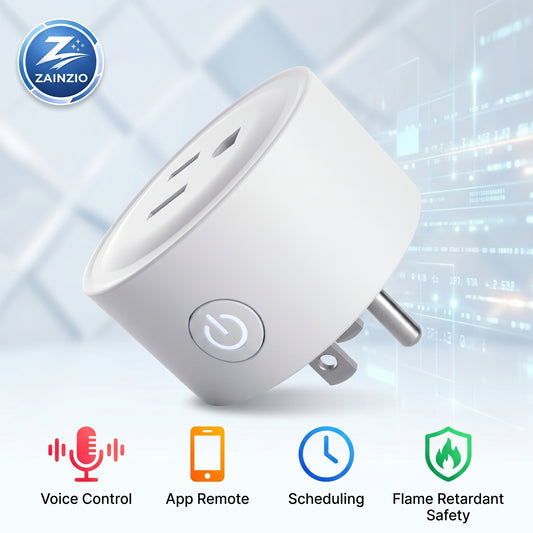A white Zainzio Mini WiFi Smart Plug is prominently displayed, highlighting its key features: Voice Control, App Remote, Scheduling, and Flame Retardant Safety.