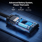 A transparent, cutaway view of a solar street light's internal battery and circuit board, highlighting its "Advanced Battery System, Power That Lasts." Features include "8000W Power, 20,000 mAh Lithium Battery, Highly Efficient Energy Storage."