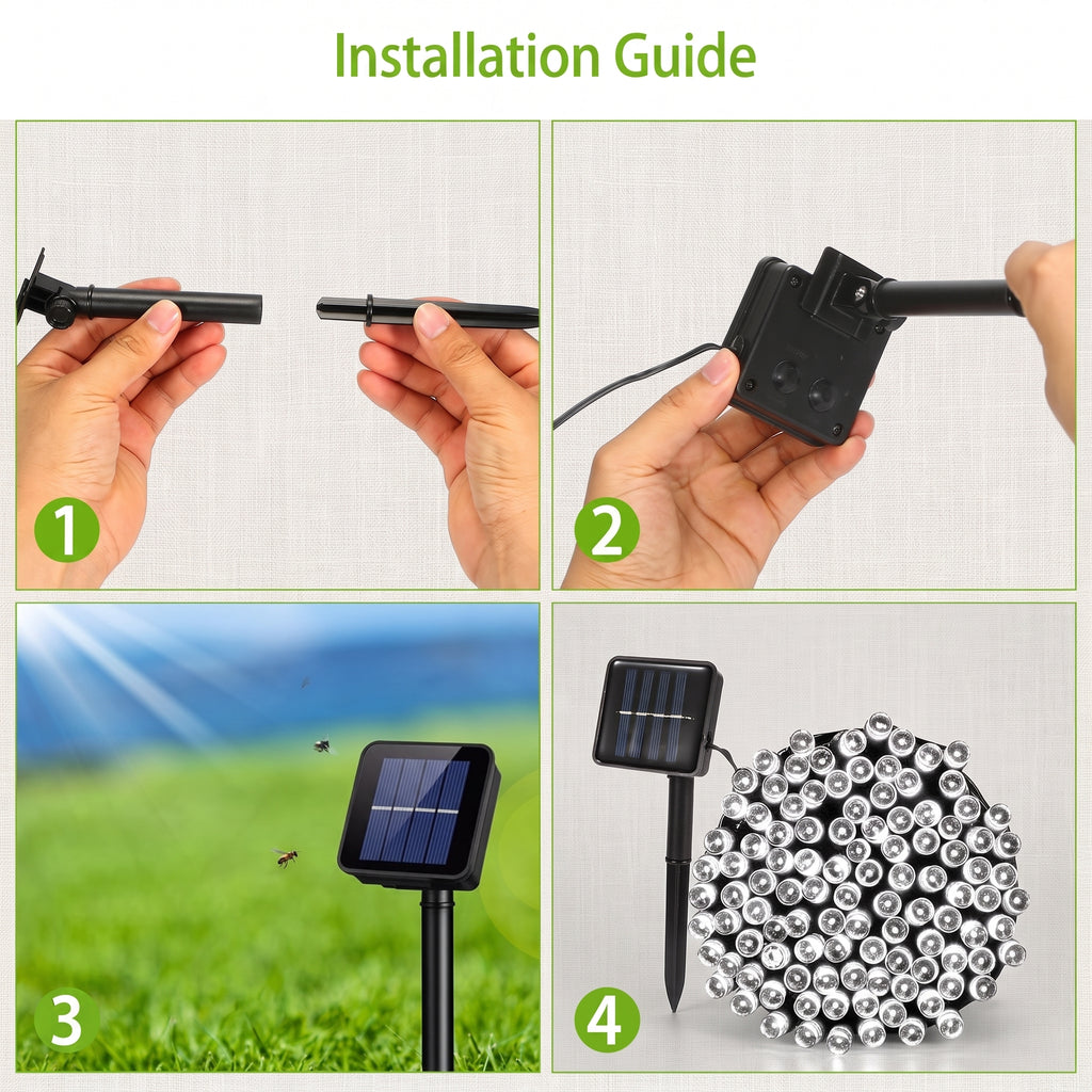 Installation guide showing four steps for setting up a solar stake light: disconnecting the pen-style controller, connecting the controller to the stake, the light in use outdoors on grass, and a bulk pack of silver batteries.