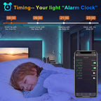 Timing-- Your light “Alarm Clock”. Graphic displays LED strip light timing for daily routines, featuring a sleeping child.
