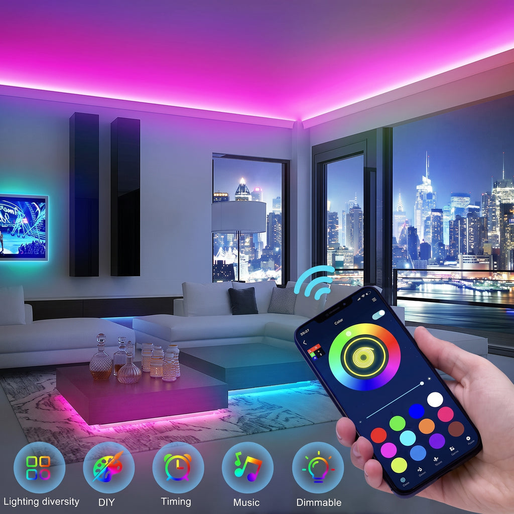 A modern living room is lit by vibrant RGB LED strip lights, controlled via a smartphone app displaying a color wheel. Icons below highlight "Lighting diversity", "DIY", "Timing", "Music", and "Dimmable" features.