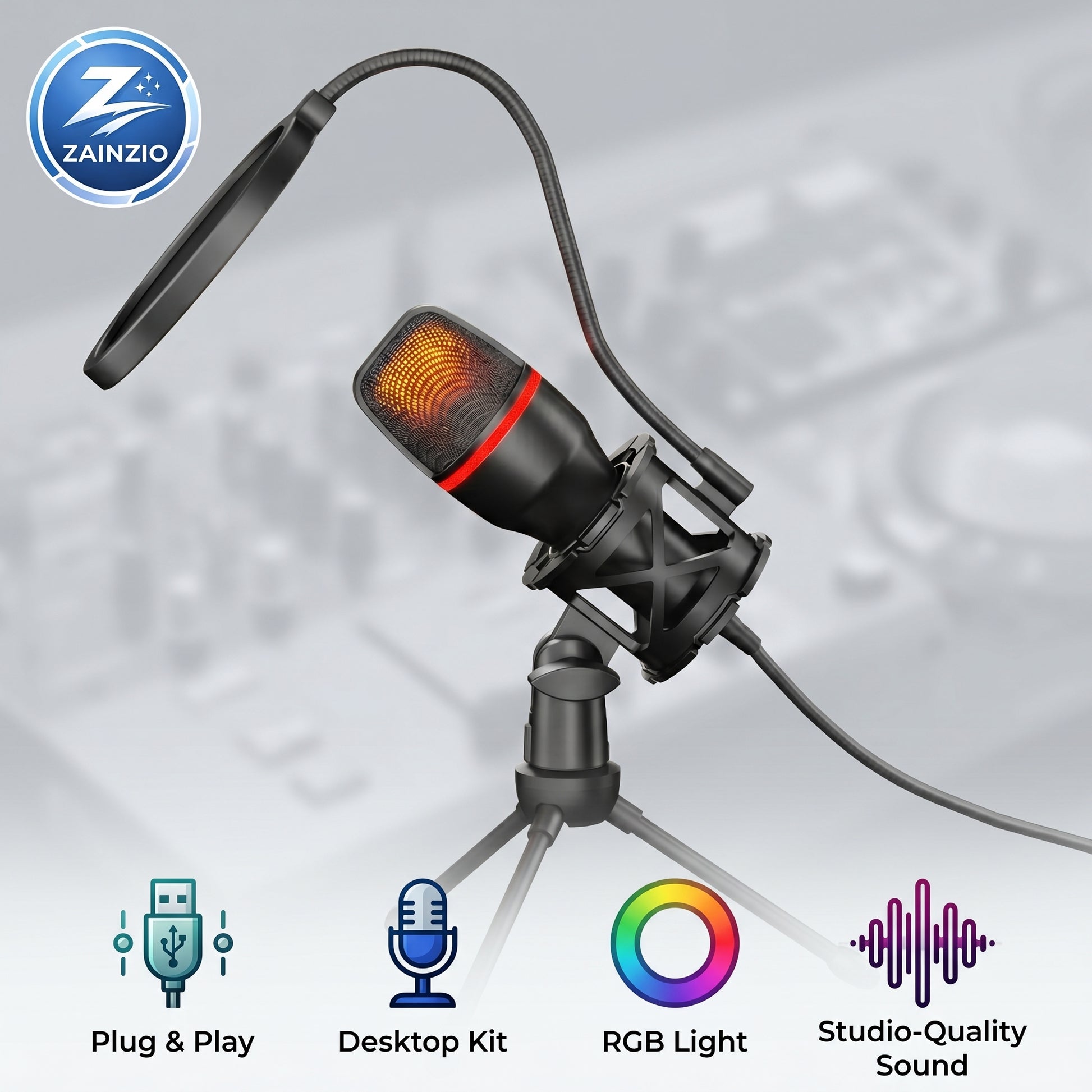 A Zainzio USB condenser microphone with an orange RGB light, pop filter, and desktop stand. Highlighted features include "Plug & Play", "Desktop Kit", "RGB Light", and "Studio-Quality Sound".