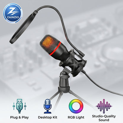 A Zainzio USB condenser microphone with an orange RGB light, pop filter, and desktop stand. Highlighted features include "Plug & Play", "Desktop Kit", "RGB Light", and "Studio-Quality Sound".