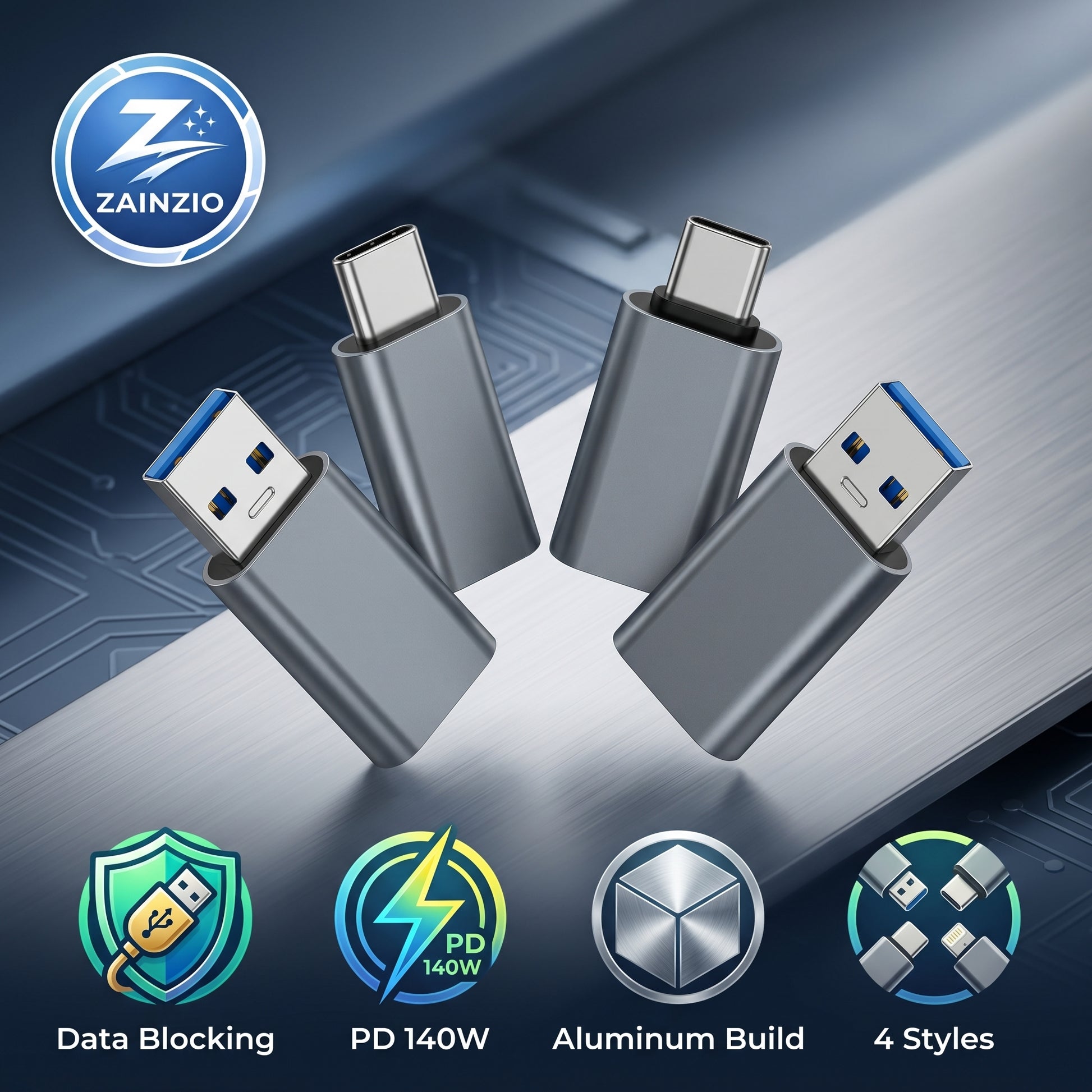 Four grey Zainzio USB adapters are displayed, featuring different connector types. The image highlights: Zainzio, Data Blocking, PD 140W, Aluminum Build, and 4 Styles.