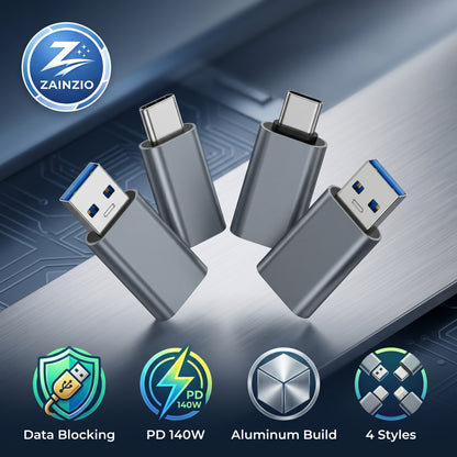 Four grey Zainzio USB adapters are displayed, featuring different connector types. The image highlights: Zainzio, Data Blocking, PD 140W, Aluminum Build, and 4 Styles.