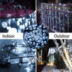 A four-panel collage demonstrating white LED string lights in use: indoors on a table with gift boxes, draped over a railing at night, wrapped around books, and glowing along a tree trunk in a garden pathway. A circular inset shows the light bulb cluster design.