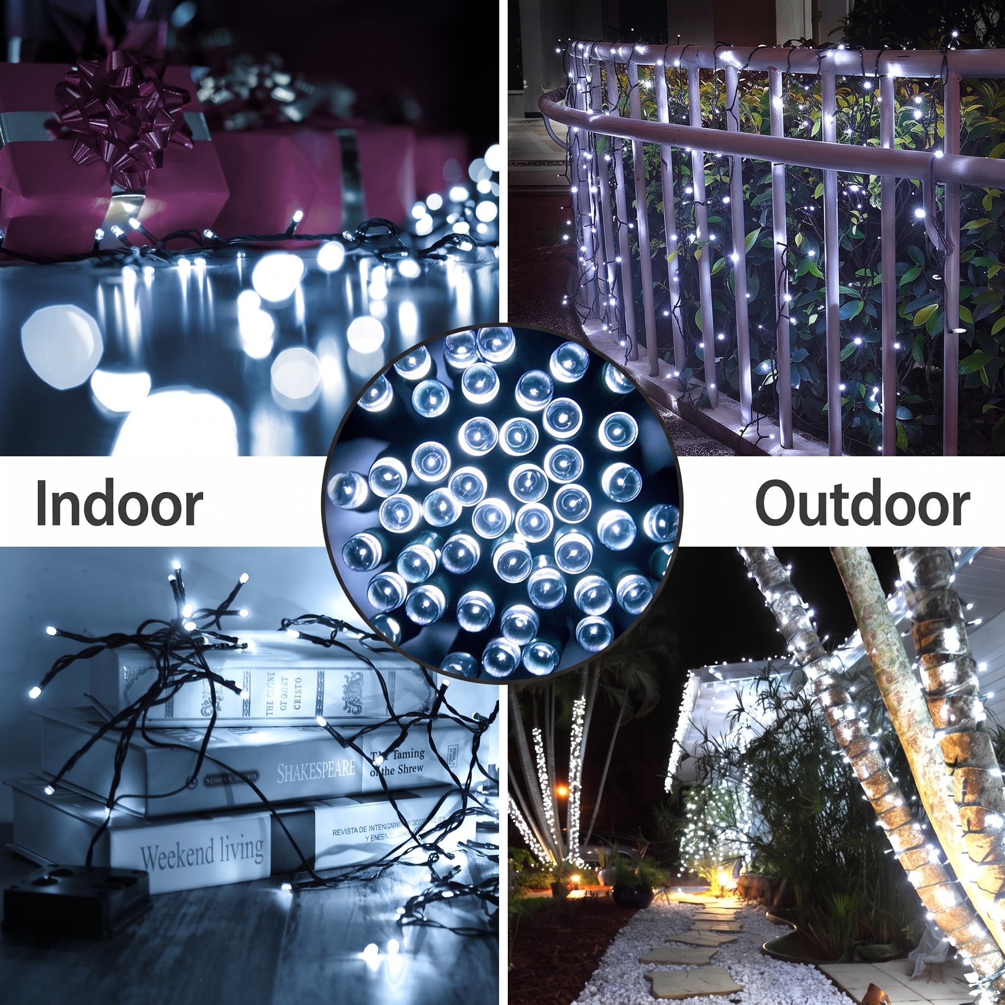 A four-panel collage demonstrating white LED string lights in use: indoors on a table with gift boxes, draped over a railing at night, wrapped around books, and glowing along a tree trunk in a garden pathway. A circular inset shows the light bulb cluster design.