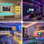 Four vibrant images display LED strip lights transforming a Living room, Home theatre, Bar, and Bedroom with colorful illumination.