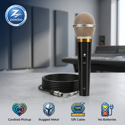 A black and gold Zainzio wired microphone with its coiled 13ft cable. Features: Cardioid Pickup, Rugged Metal, 13ft Cable, No Batteries.