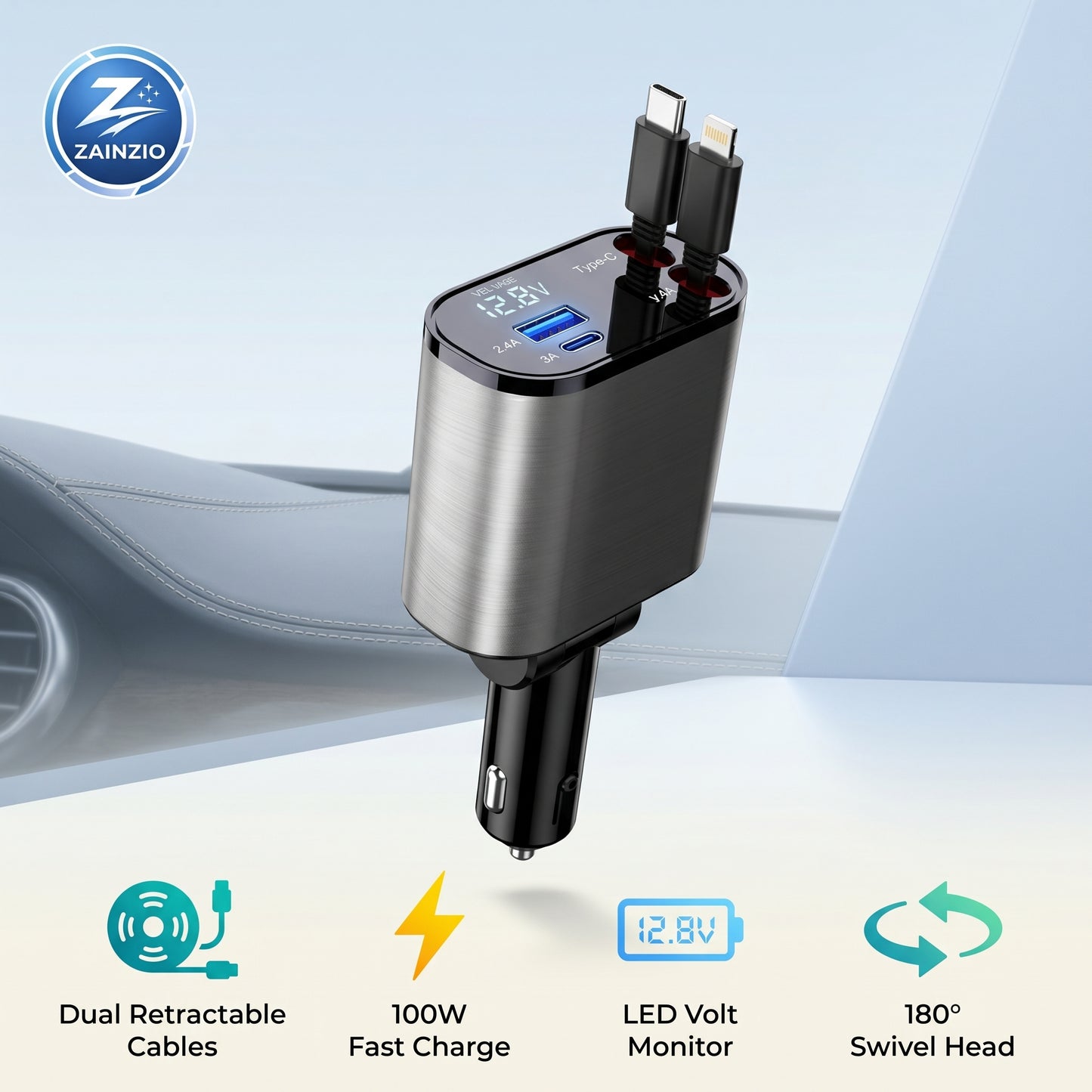 Car charger with dual retractable cables, 100W fast charge, LED volt monitor, and 180° swivel head on a light blue background.