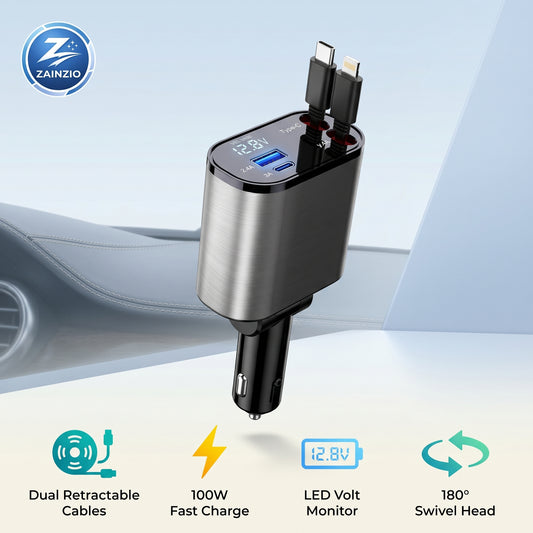 Car charger with dual retractable cables, 100W fast charge, LED volt monitor, and 180° swivel head on a light blue background.