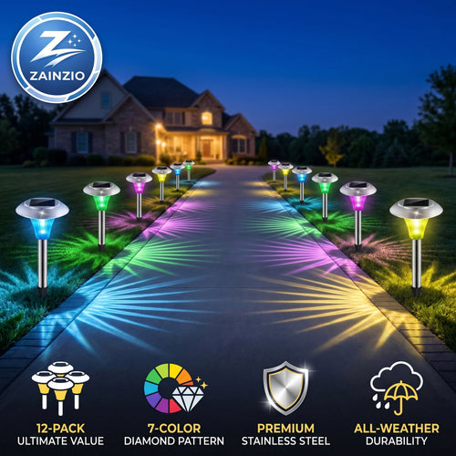 Zainzio solar pathway lights with colorful illumination on a driveway at night.