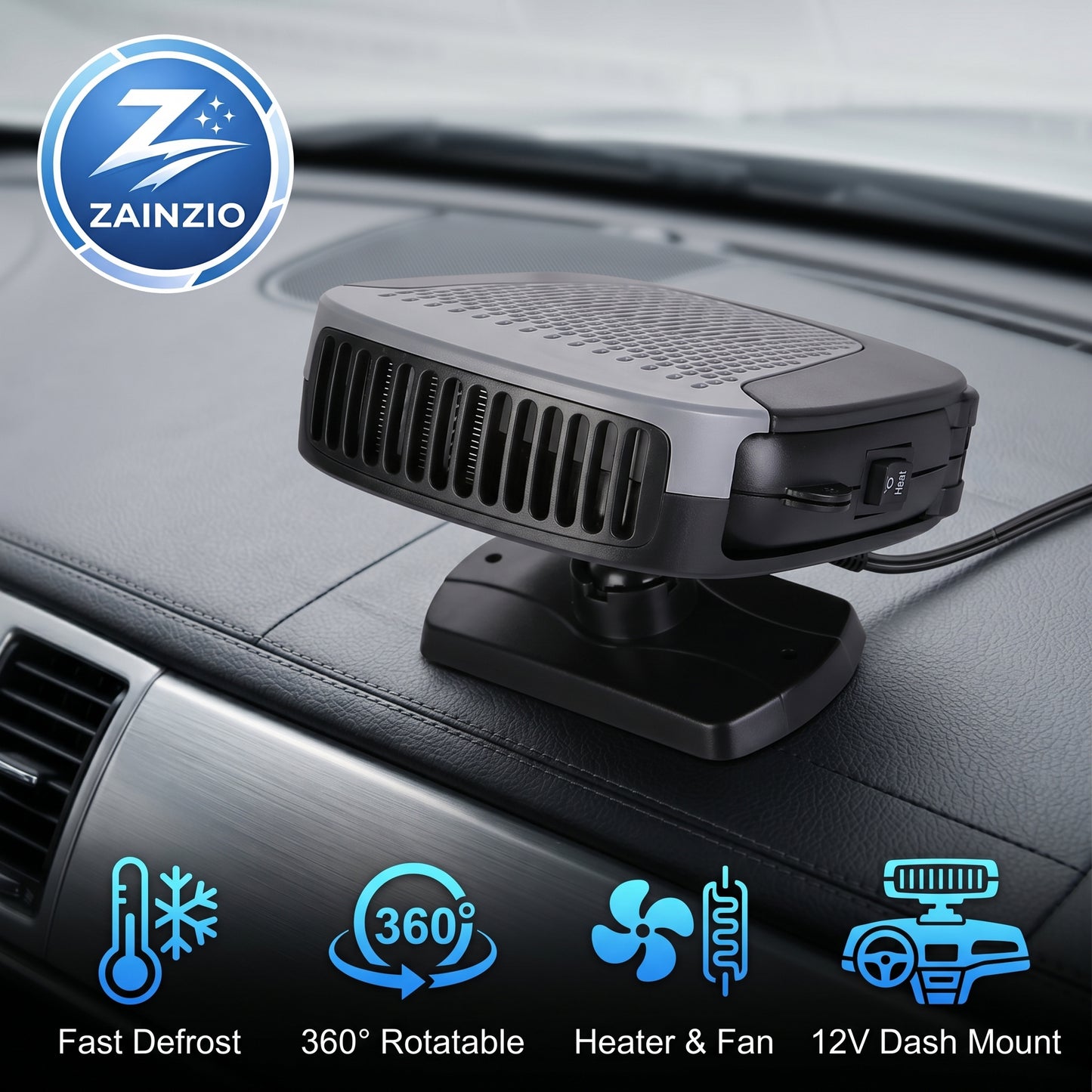 A black and grey Zainzio 12V portable car heater and defroster is mounted on a car dashboard. Features highlighted include "Fast Defrost," "360° Rotatable," "Heater & Fan," and "12V Dash Mount."